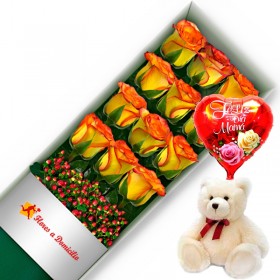 CAJA CON 12 ROSAS CIRCUS + PELUCHE Y GLOBO DÍA DE LA MADRE