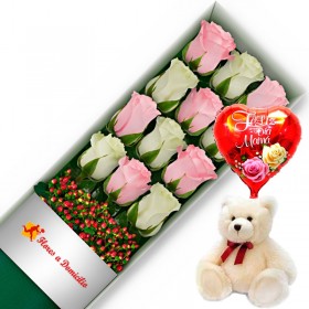 CAJA CON 12 ROSAS ROSADAS Y BLANCAS + PELUCHE Y GLOBO DÍA DE LA MADRE