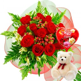 Ramo 12 Rosas Rojas + Globo día de la madre y Peluche