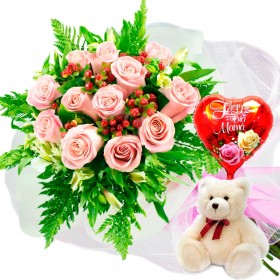 Ramo 12 Rosas Rosadas más Globo día de la madre y Peluche