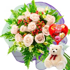 Ramo 12 Rosas Blancas más Globo día de la Madre y Peluche