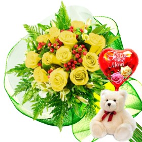 Ramo 12 Rosas Amarillas más Globo día de la Madre y Peluche