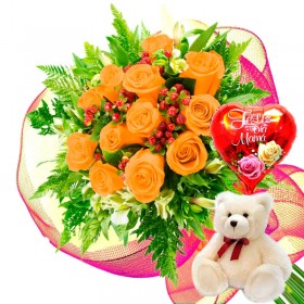 Ramo 12 Rosas Damasco más Globo día de la Madre y Peluche