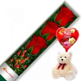 CAJA CON 3 ROSAS ROJAS + PELUCHE Y GLOBO DÍA DE LA MADRE