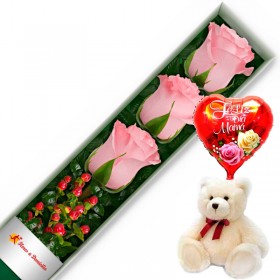 CAJA CON 3 ROSAS ROSADAS + PELUCHE Y GLOBO DÍA DE LA MADRE