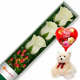 CAJA CON 3 ROSAS BLANCAS + PELUCHE Y GLOBO DÍA DE LA MADRE