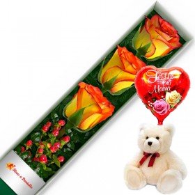 CAJA CON 3 ROSAS CIRCUS + PELUCHE Y GLOBO DÍA DE LA MADRE