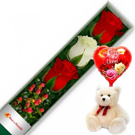 CAJA CON 3 ROSAS ROJAS Y BLANCAS + PELUCHE Y GLOBO DÍA DE LA MADRE