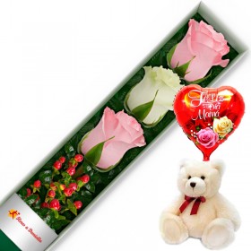 CAJA CON 3 ROSAS ROSADAS Y BLANCAS + PELUCHE Y GLOBO DÍA DE LA MADRE