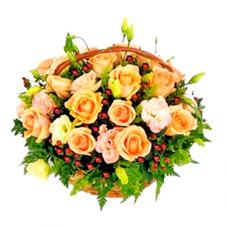 Cesta Mediana de Rosas y Lisianthus en tonos damasco más Hipéricos
