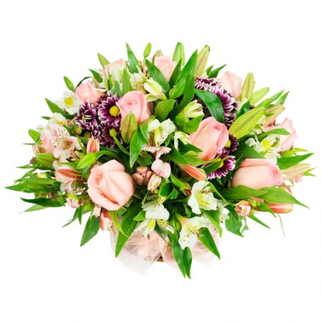 Cesta de Flores mediano con Rosas Liliums y astromelias color Rosadas