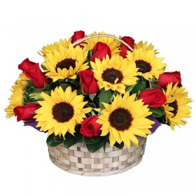 Cesta de 12 Rosas rojas Grande más 10 Girasoles