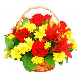 Cesta Madiana de Flores con Rosas y Liliums rojos