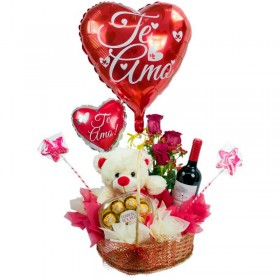 Cesta para Regalo con Rosas Peluche Vino Globos y Chocolates.