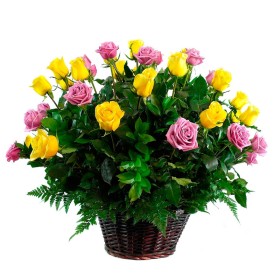 Canastillo Mediano de 24 Rosas Color Amarillas y Rosadas