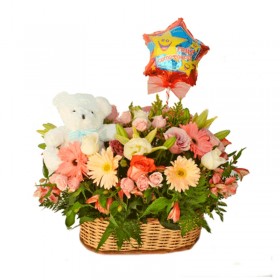Cesta de Flores Cumpleaños Gigante + Peluche + Globo
