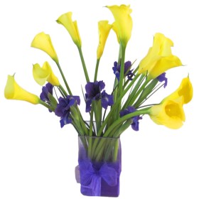 Florero con 10 Calas Amarillas + Iris Morados