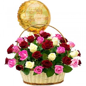 Canastillo de 40 Rosas Para aniversario Tricolor Rojas Rosdas y Blancas