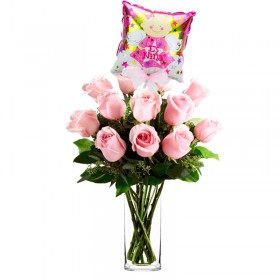 Florero con 12 Rosas Rosadas para Nacimiento con globo es una Niña
