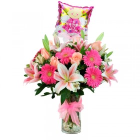 Florero Rosas Liliums y Gerberas Rosadas + Globo para Nacimiento NIña