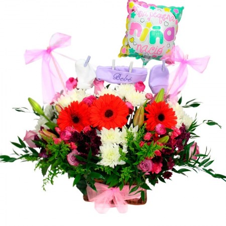 Cesta de Nacimientos para Niñas con Ropita Globo y mix de Flores