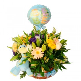 Flores para  Nacimiento  en Canastillo para Niños con Globo y Peluche