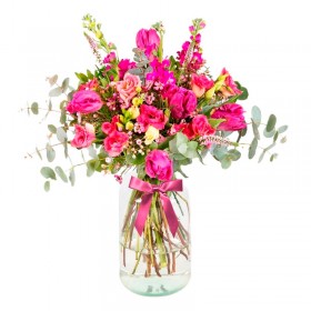 Florero Rústico con Flores mix Rosadas Eucalipto 6 rosas Astromelias Limonios y Flores Silvestres