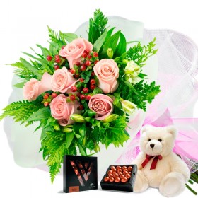 Oferta Ramo 6 Rosas Rosadas + Chocolate Gragea Varsovienne y Peluche