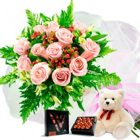 Oferta Ramo 12 Rosas Rosadas + Chocolate Gragea Varsovienne y Peluche