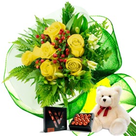 Oferta Ramo 6 Rosas Amarillas + Chocolate Gragea Varsovienne y Peluche