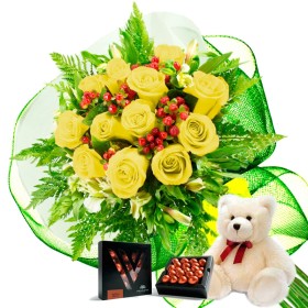 Oferta Ramo 12 Rosas Amarillas + Chocolate Gragea Varsovienne y Peluche