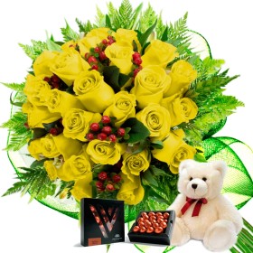 Oferta Ramo 24 Rosas Amarillas + Chocolate Gragea Varsovienne y Peluche