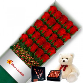 OFERTA CAJA DE 24 ROSAS ROJAS MAS PELUCHE Y CHOCOLATE GRAGEA