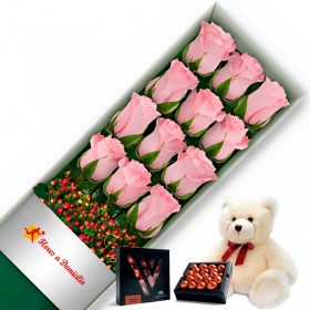 OFERTA CAJA DE 12 ROSAS ROSADAS MAS PELUCHE Y CHOCOLATE GRAGEA
