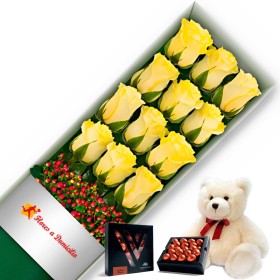 OFERTA CAJA DE 12 ROSAS AMARILLAS MAS PELUCHE Y CHOCOLATE GRAGEA