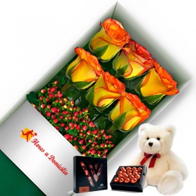 OFERTA CAJA DE 6 ROSAS CIRCUS MAS PELUCHE Y CHOCOLATE GRAGEA