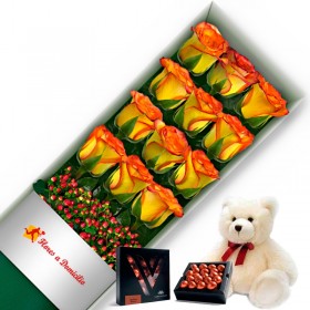 OFERTA CAJA DE 12 ROSAS CIRCUS MAS PELUCHE Y CHOCOLATE GRAGEA