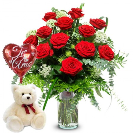 Florero de 12 Rosas Rojas con Peluche  y Globo