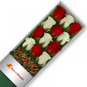 CAJA DE 12 ROSAS ROJAS Y BLANCAS