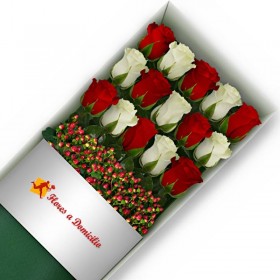 CAJA DE 15 ROSAS ROJAS Y BLANCAS
