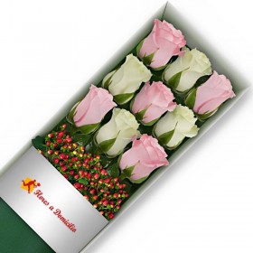 CAJA DE 9 ROSAS ROSADAS Y BLANCAS