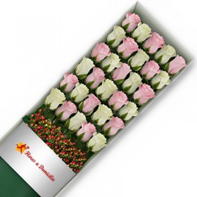 CAJA DE 30 ROSAS ROSADAS Y BLANCAS