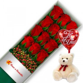 OFERTA CAJA DE 12 ROSAS ROJAS MAS PELUCHE Y GLOBO