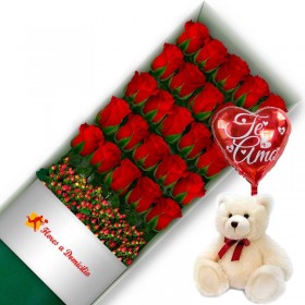 OFERTA CAJA DE 24 ROSAS ROJAS MAS PELUCHE Y GLOBO