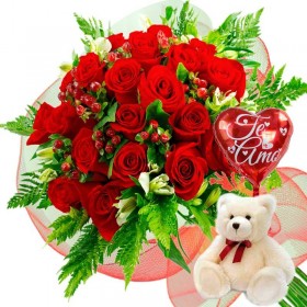Oferta Ramo 24 Rosas Rojas + Globo y Peluche