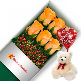 OFERTA DE CAJA CON 6 ROSAS DAMASCO MAS PELUCHE Y GLOBO TE AMO