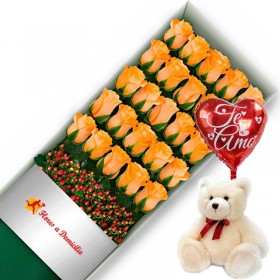 OFERTA DE CAJA CON 24 ROSAS DAMASCO MAS PELUCHE Y GLOBO TE AMO