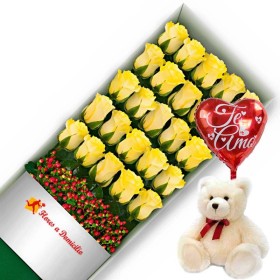 OFERTA DE CAJA CON 24 ROSAS AMARILLAS + PELUCHE Y GLOBO TE AMO