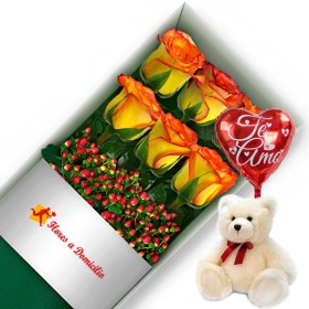 Oferta de Caja con 6 Rosas Circus más Peluche y Globo TE AMO