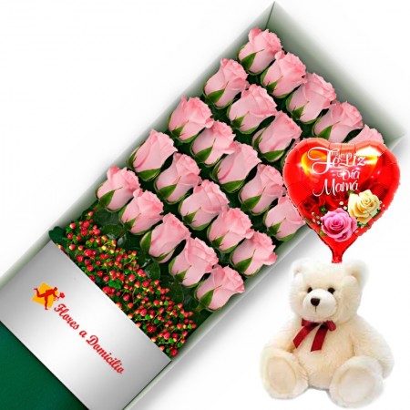 CAJA CON 24 ROSAS ROSADAS MAS PELUCHE Y GLOBO DÍA DE LA MADRE